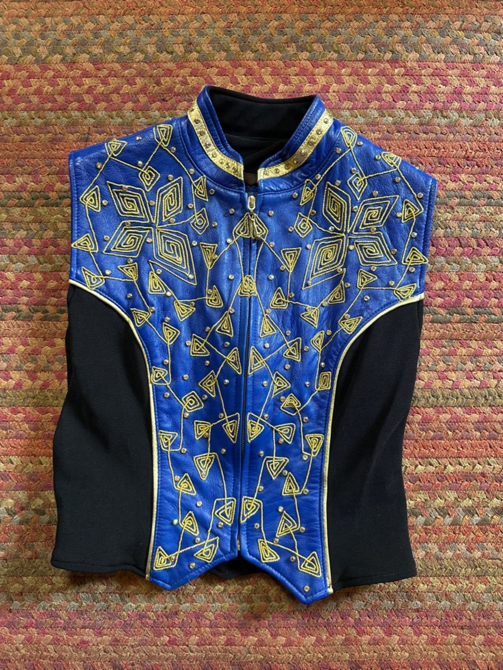 VTG MINDI BLUE LEATHER RHINESTONE VEST ZIP UP SLEEVELESS
